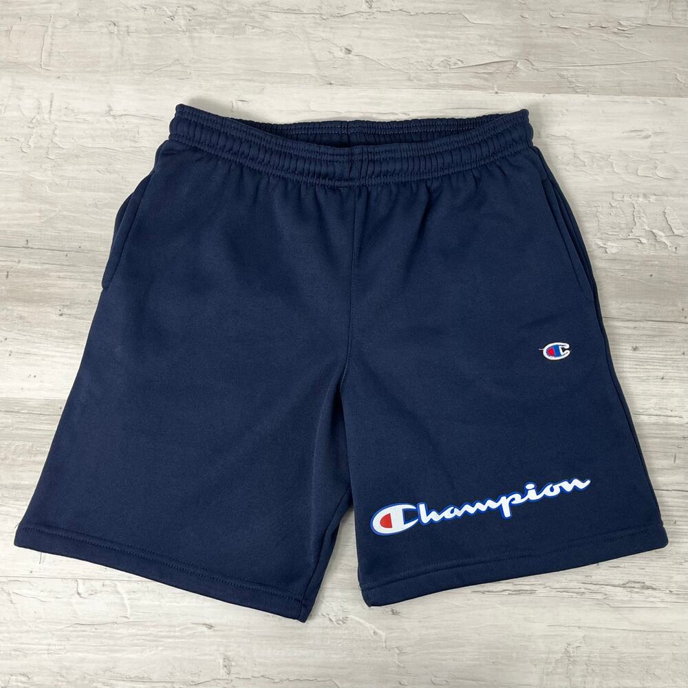 Champion Blue Script Logo 8.25" Drawstring Elastic Waist Pockets Sweat Shorts